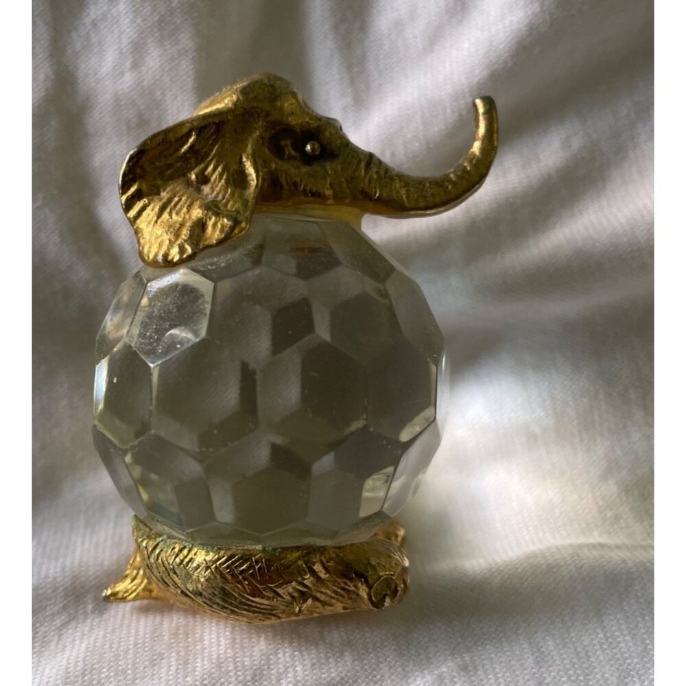 Vintage Gold & Crystal Elephant Figurine With Faceted Glass Body & Detailed Meta